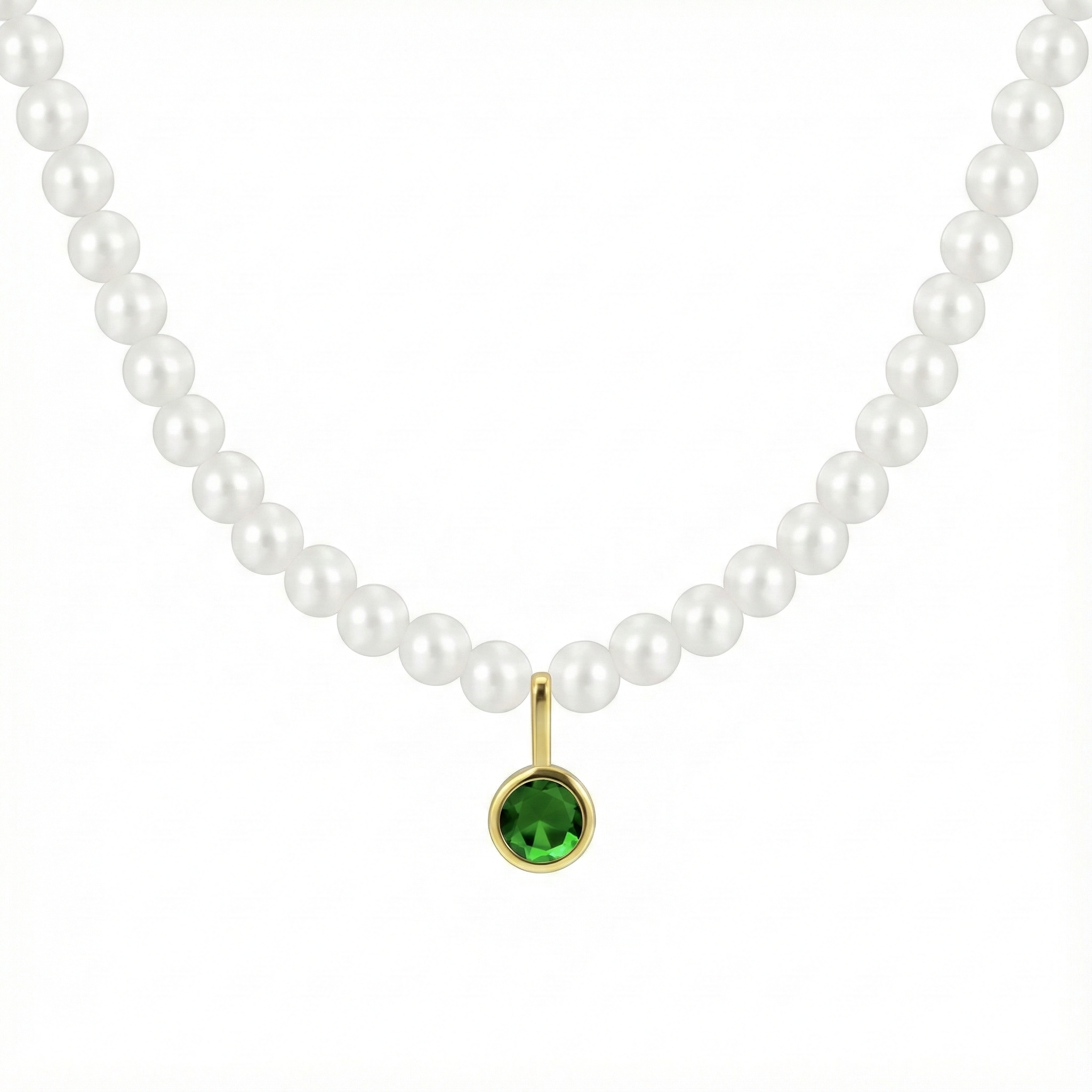 Collier de perles blanches doré or 18k avec pendentif rond vert émeraude facetté, bijou élégant et lumineux